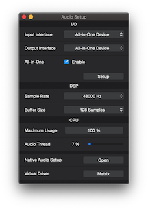 Audio Setup window: interface, sample rate, buffer size and DSP settings.