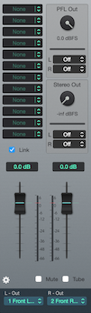 Master Section: inserts, master fader, PFL output, Stereo Output, link, mute, and tube options.
